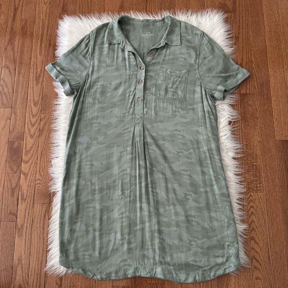 Vineyard Vines Margo Shirt Dress Women’s 12 Green Camouflage Mini Popover Preppy